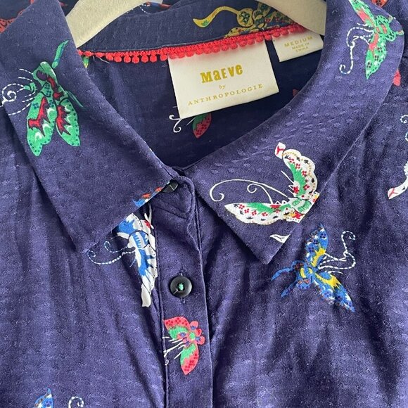 Anthropologie Blouse Womens Medium Blue Butterfly Short Sleeve Button Peplum Hem - Picture 11 of 14